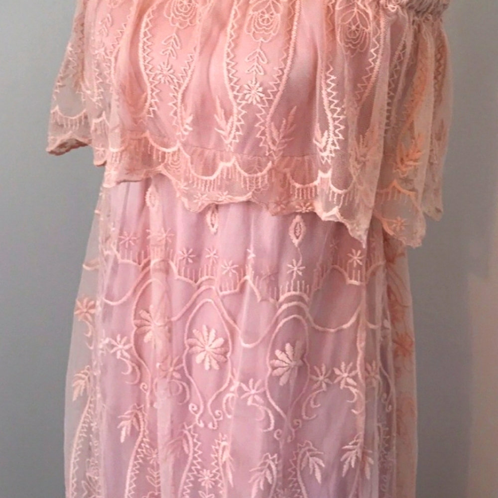 Strapless pink lace maxi dress